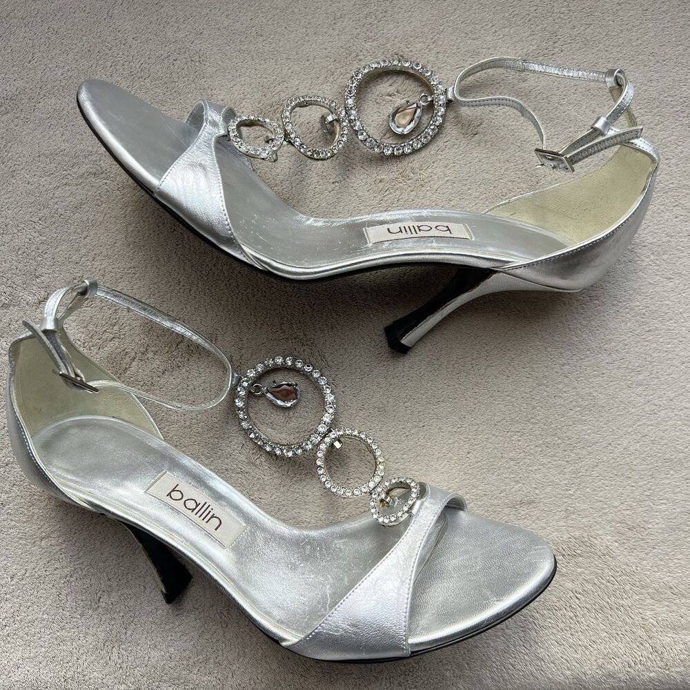 Ballin Metallic Silver Leather Heel Sandal Women EU 36 US 5.5-6 Rhinestone Drop